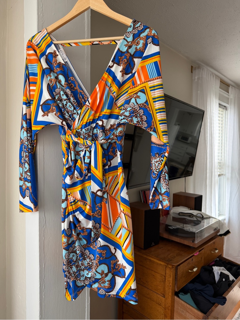 Venus Wrap Dress Size S | Blue Orange Baroque Print | Long Sleeve Mini